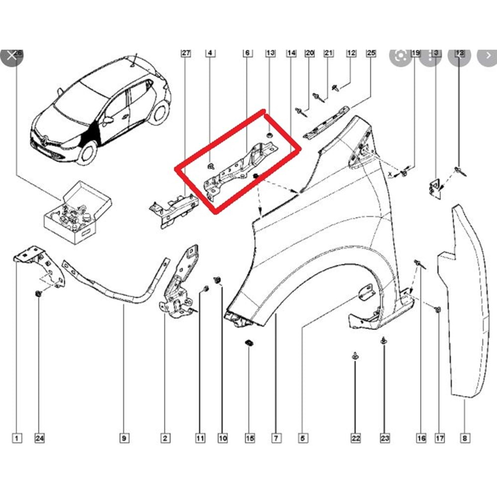 RENAULT CLIO- 4- HB- 13/16; ÖN ÇAMURLUK BAĞLANTI SUPORTU SOL (ORTA KISIM) (SAC) (EAGLE BODY)