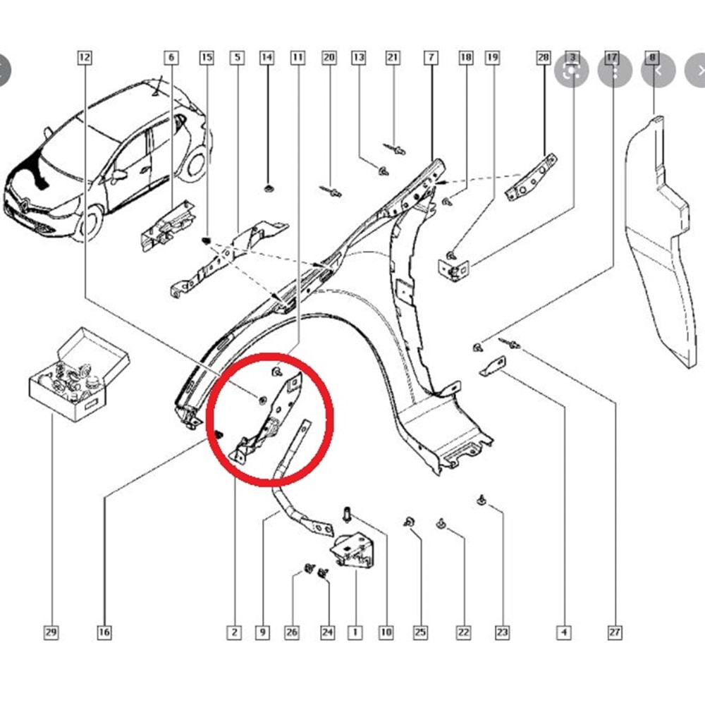 RENAULT CLIO- 4- HB- 16/20; ÖN ÇAMURLUK BAĞLANTI SUPORTU SAĞ (UÇ KISIM) (SAC) (EAGLE BODY)