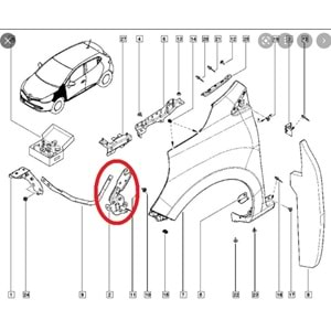 RENAULT CLIO- 4- HB- 16/20; ÖN ÇAMURLUK BAĞLANTI SUPORTU SOL (UÇ KISIM) (SAC) (EAGLE BODY)