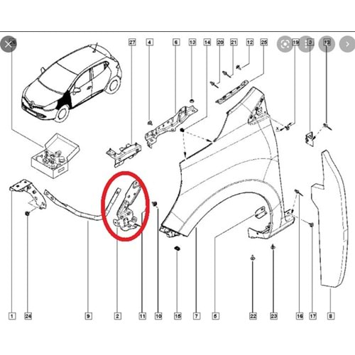 RENAULT CLIO- 4- SPORT TOURER- 16/19; ÖN ÇAMURLUK BAĞLANTI SUPORTU SOL (UÇ KISIM) (SAC) (EAGLE BODY)